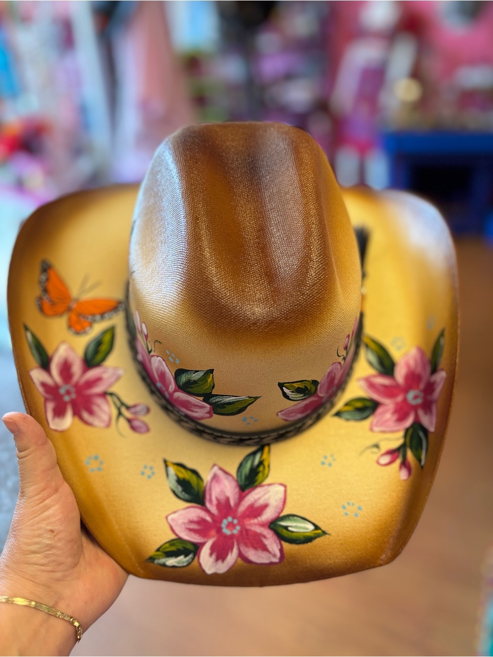 Hand-Painted Floral Cowboy Hat in Tan with Pink Flowers